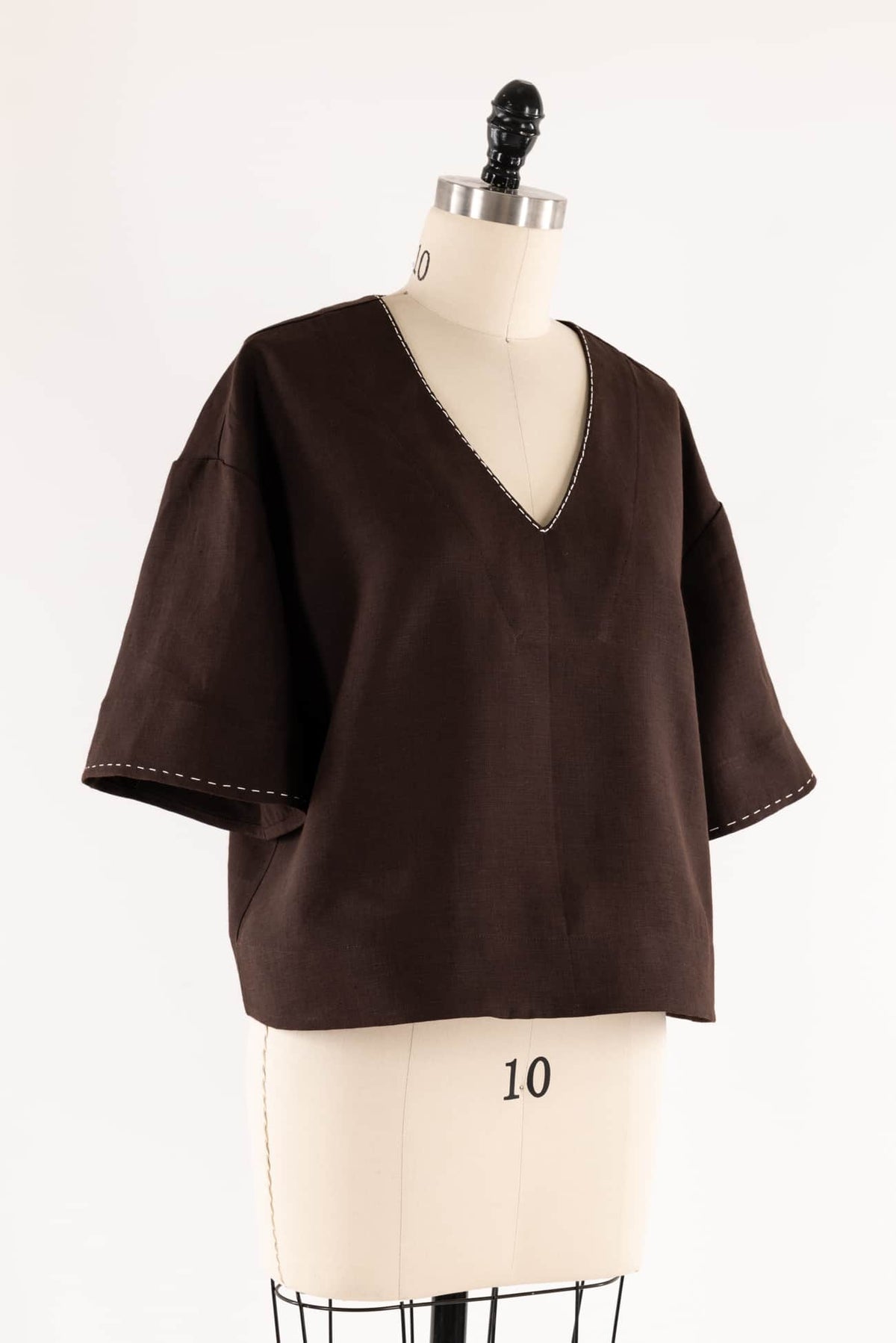Brown V-neck Embroidered Linen Top