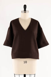 Brown V-neck Embroidered Linen Top