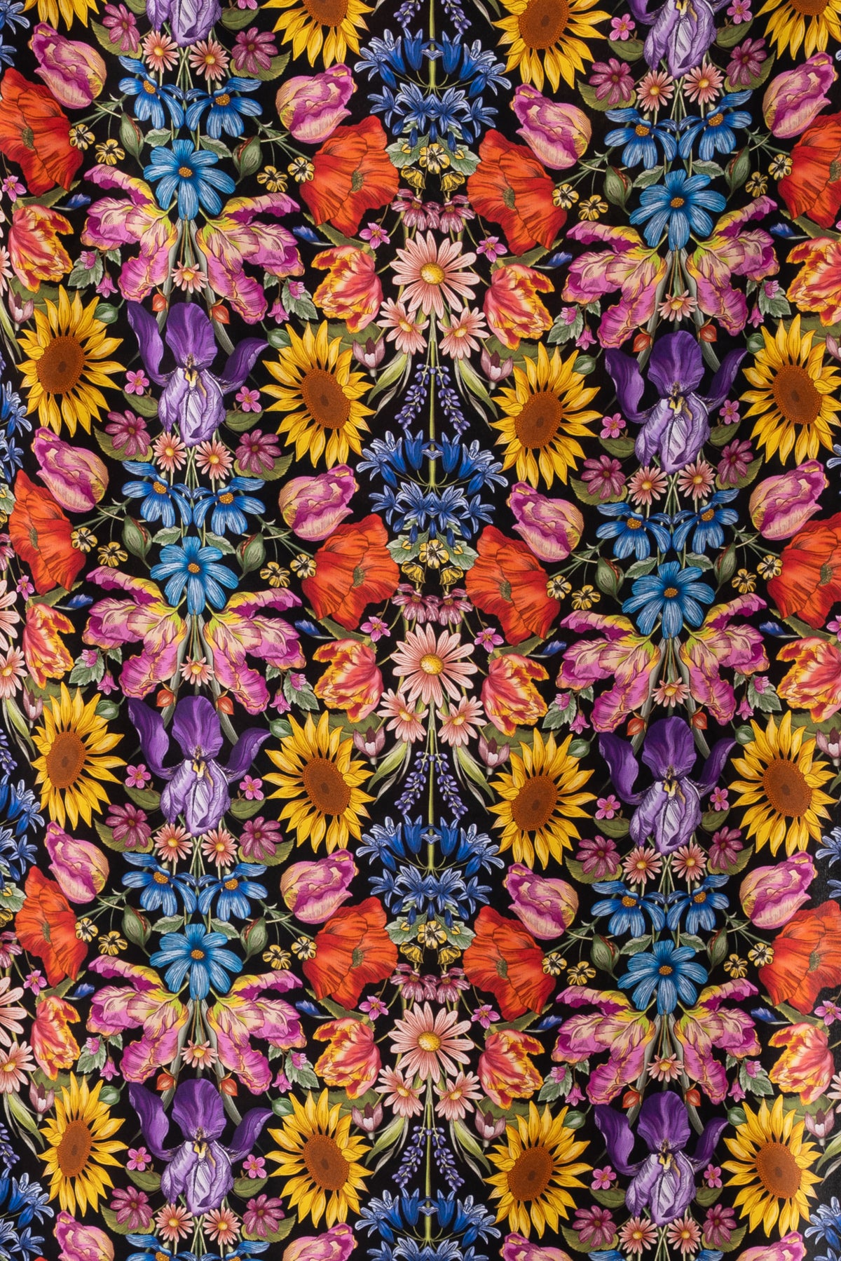 Vibrant floral fabric print with sunflowers, poppies, irises, and daisies on black background for sewing and quilting