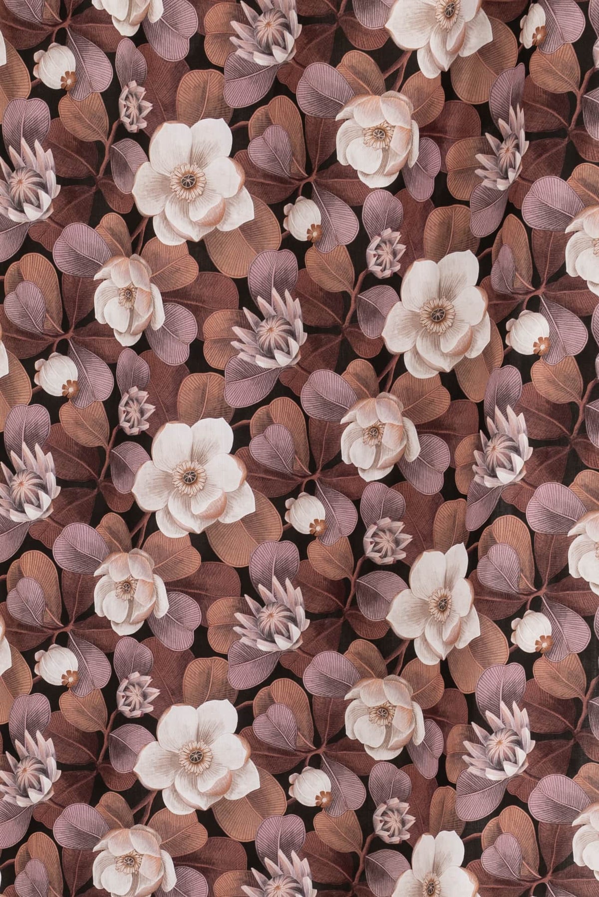 Elegant floral fabric with cream magnolias and mauve leaves on dark background, ideal for apparel sewing