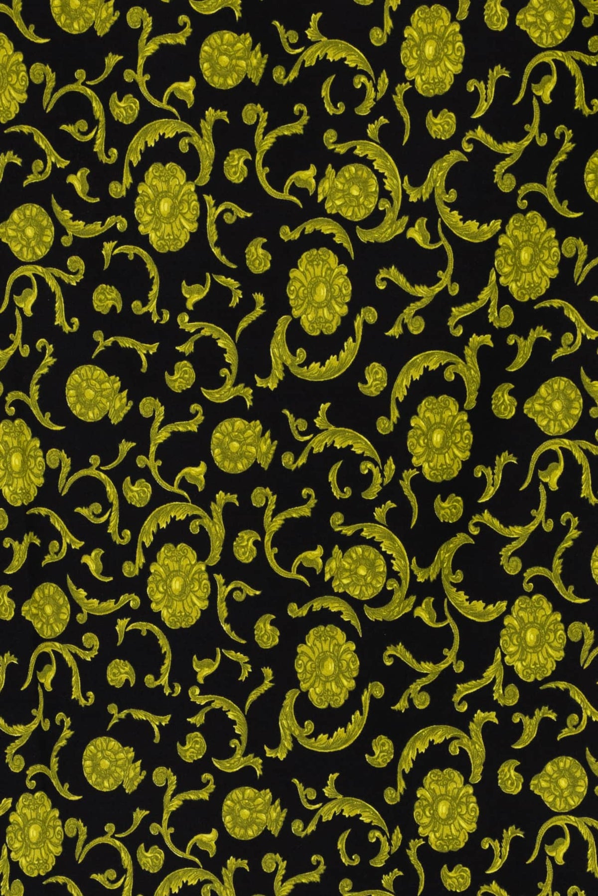 Black fabric with vibrant yellow floral vine pattern, ideal for apparel and sewing projects