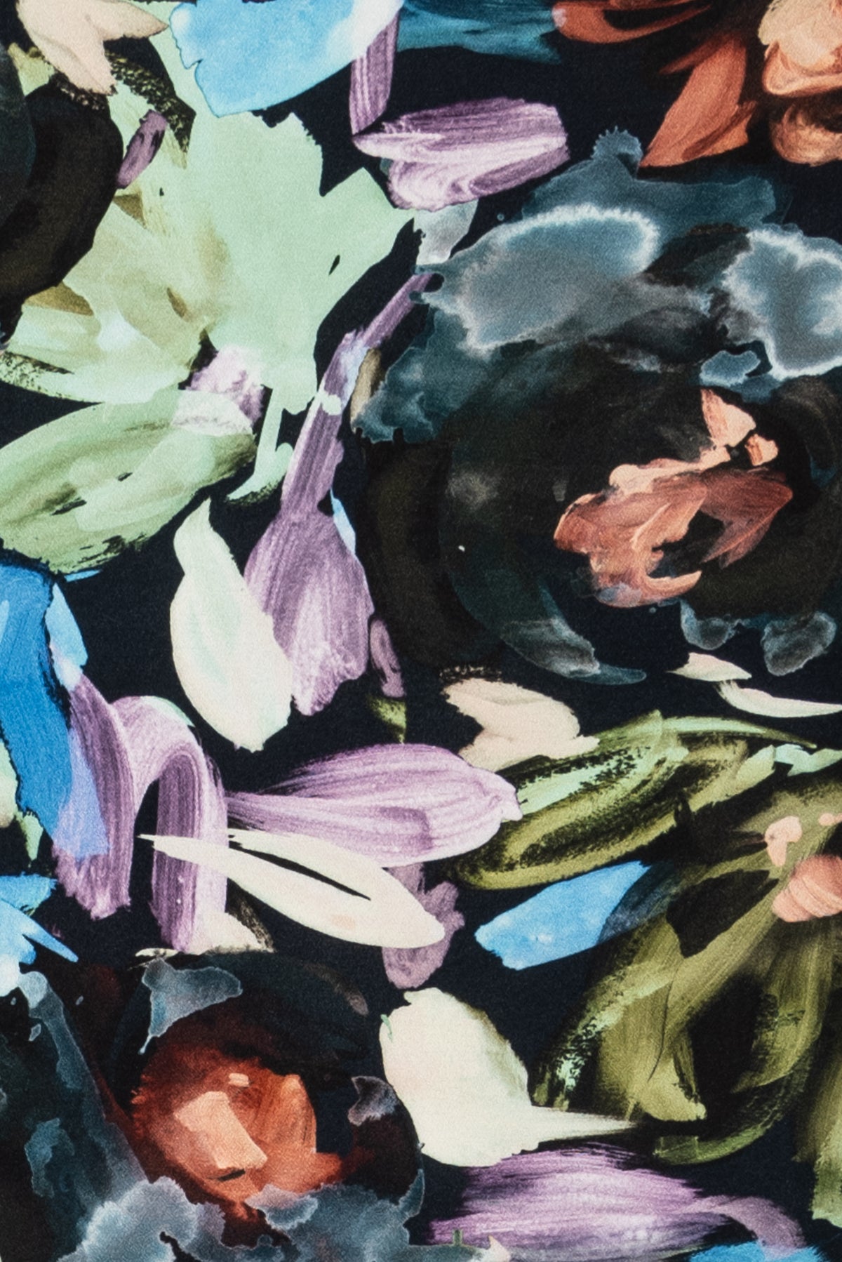 Vibrant watercolor floral fabric with purple, blue, green, and rust blooms on dark background