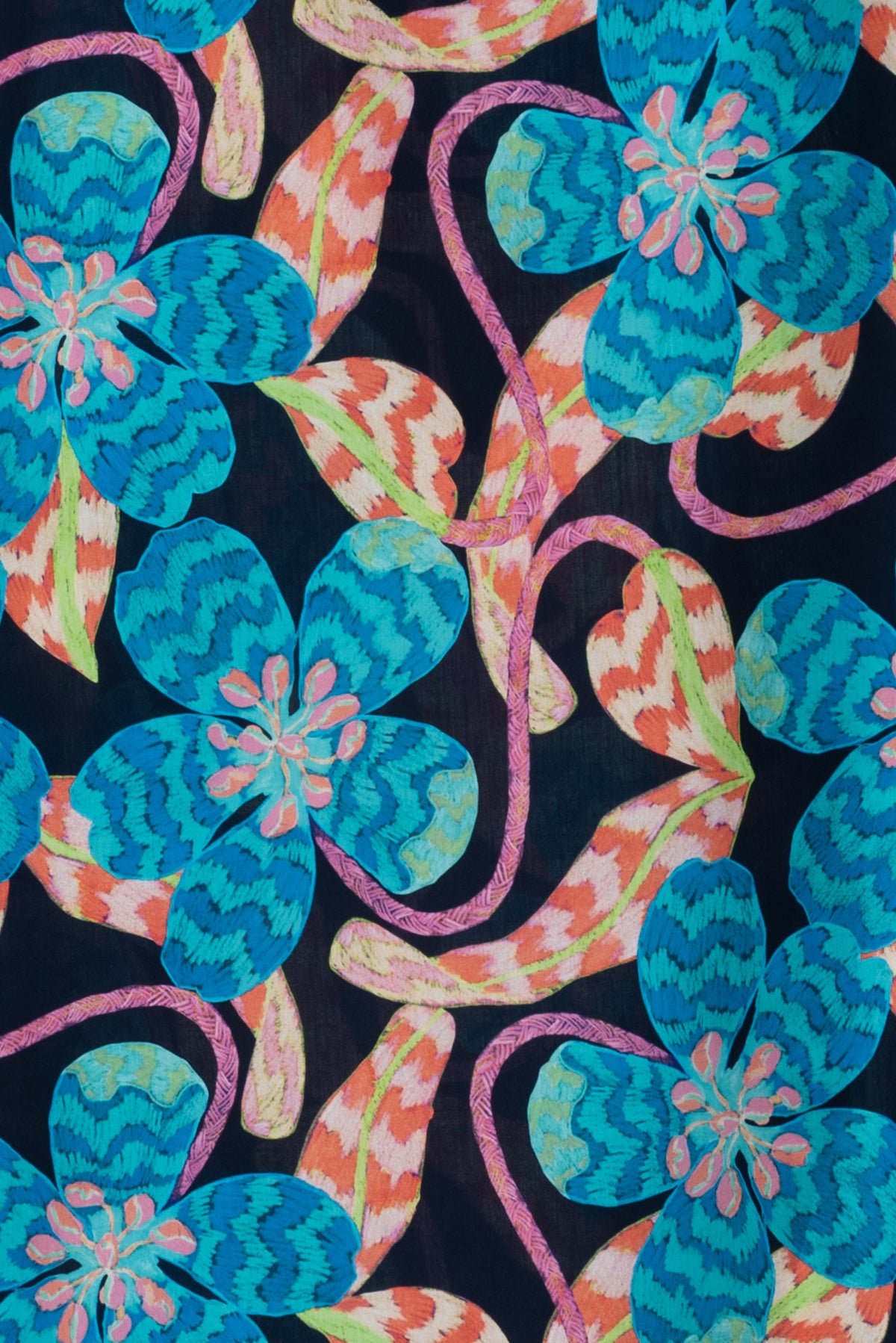 Vibrant floral print fabric with teal, pink, and orange blooms on black background, ideal for apparel sewing