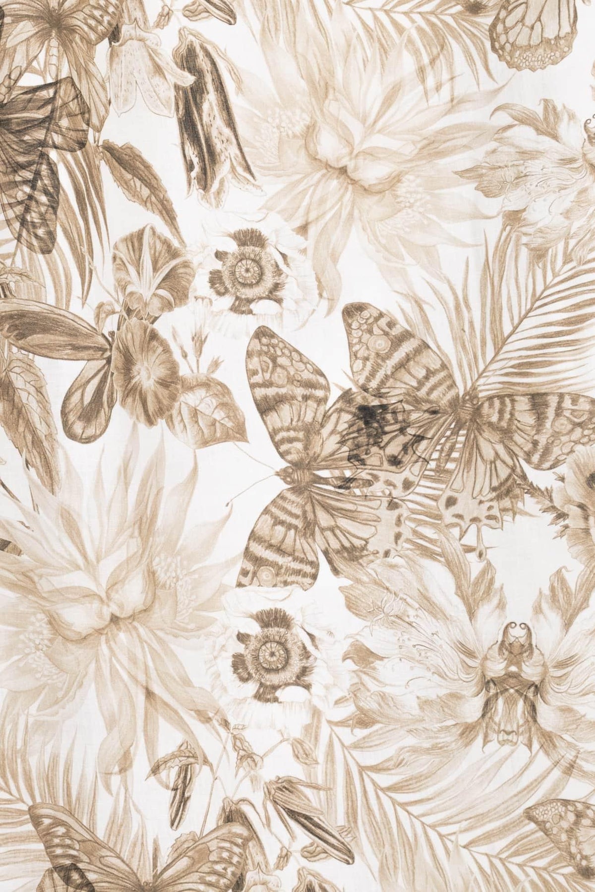 Botanical print fabric with butterflies and flowers in sepia tones, ideal for apparel and quilting projects.