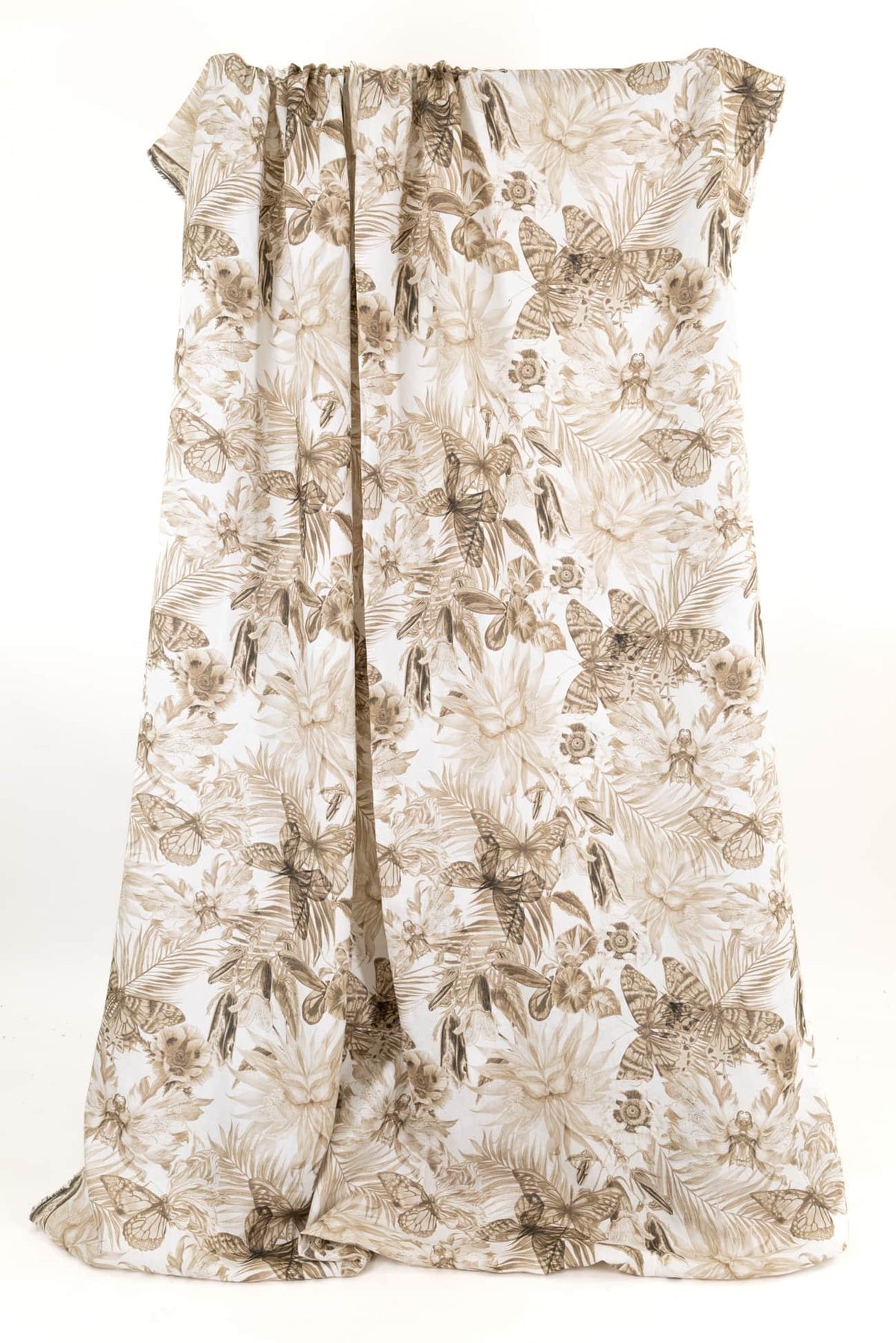 Elegant floral and butterfly print fabric in beige tones, ideal for apparel and sewing projects