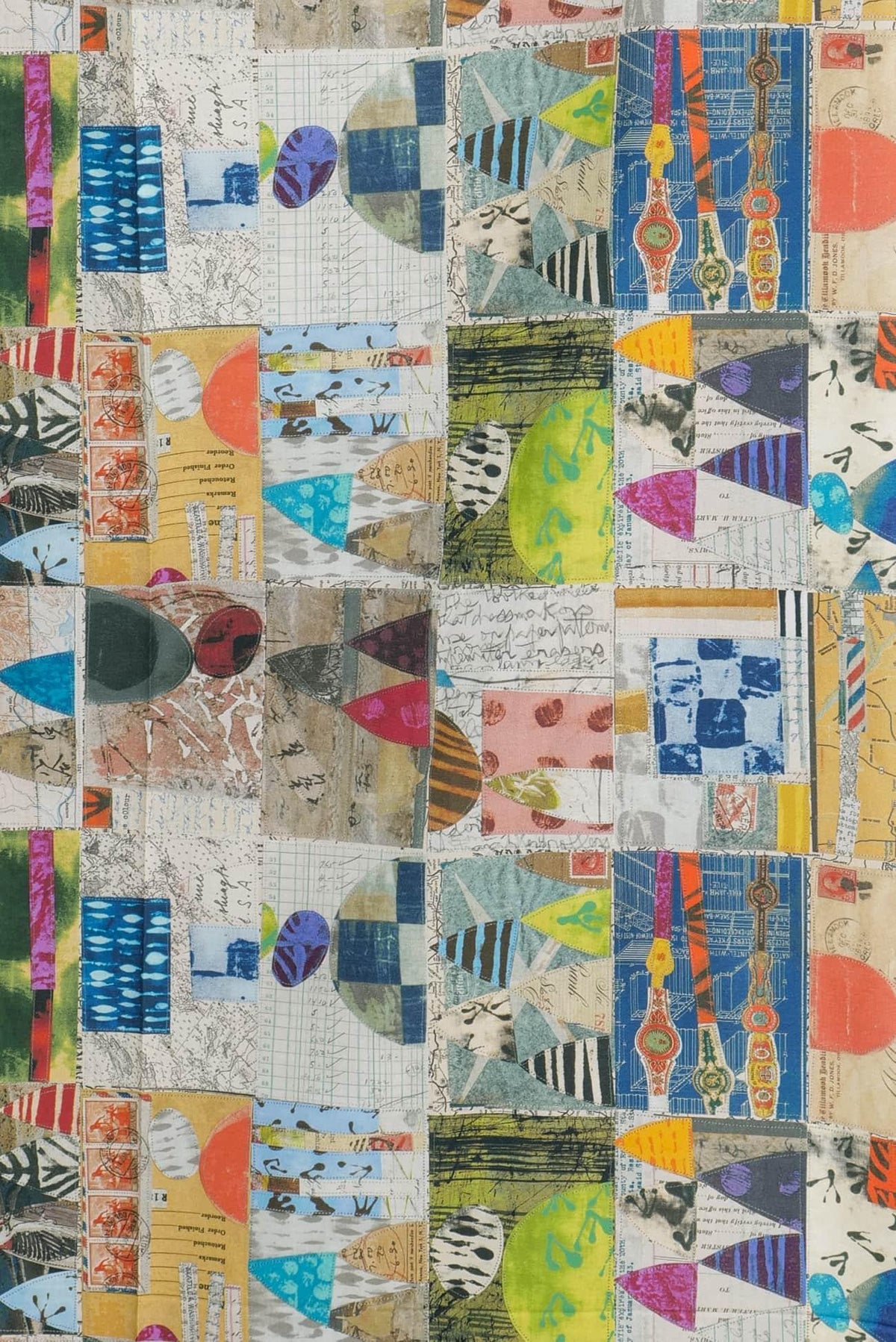 Abstract patchwork fabric with geometric shapes, vintage prints, and mixed textures for quilting and apparel sewing