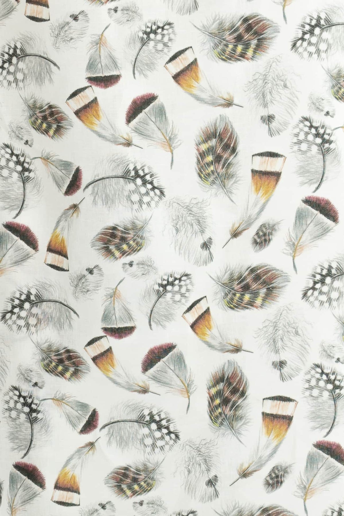 Feather print fabric with colorful plumage on white background, ideal for apparel and quilting projects
