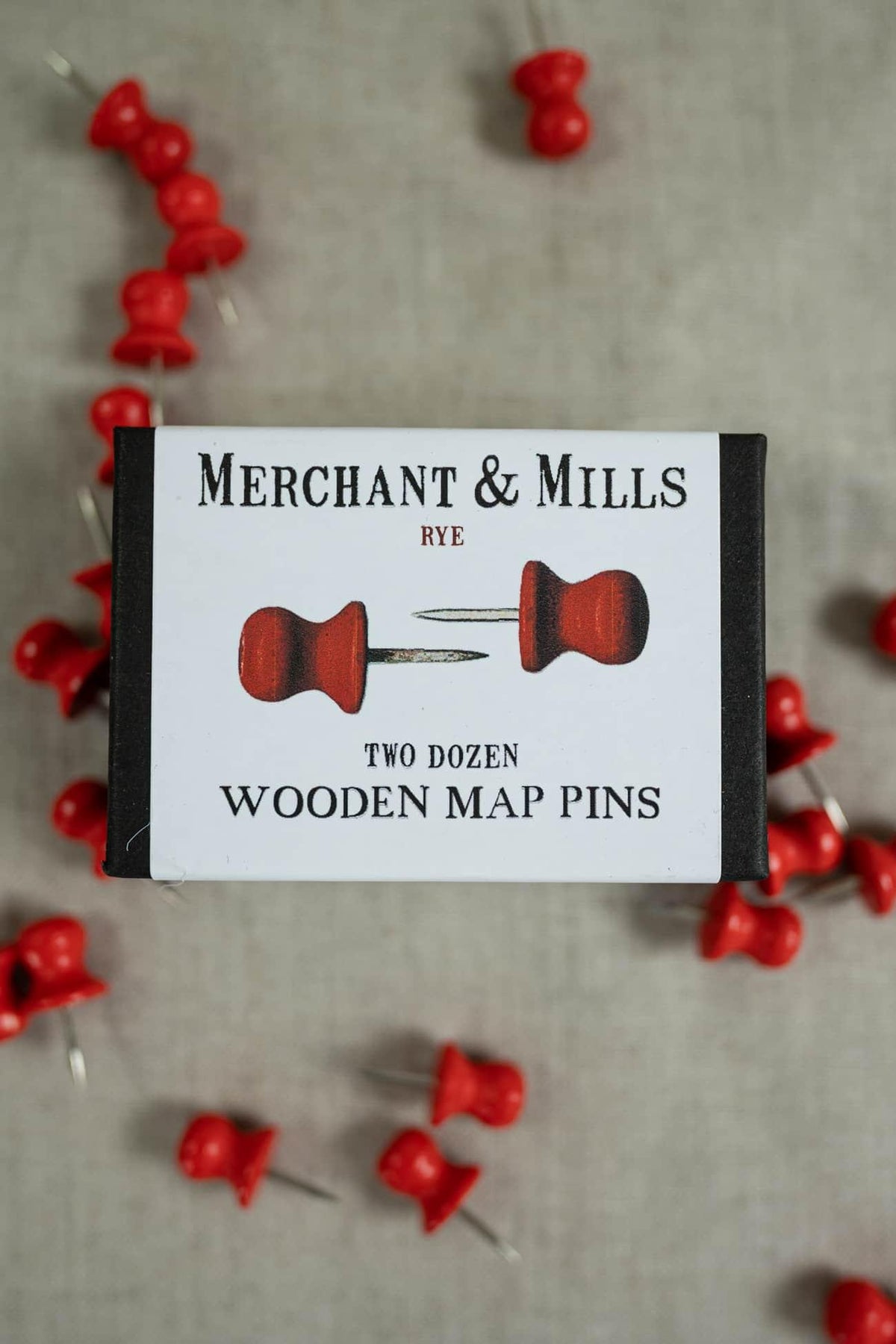 Merchant & Mills Rye wooden map pins, two dozen red sewing pins for fabric projects