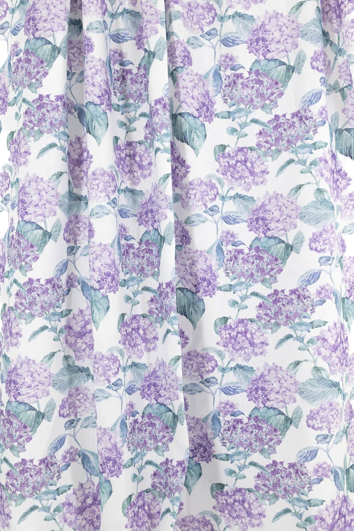 Purple hydrangea floral fabric with green leaves on white background, ideal for apparel and quilting projects