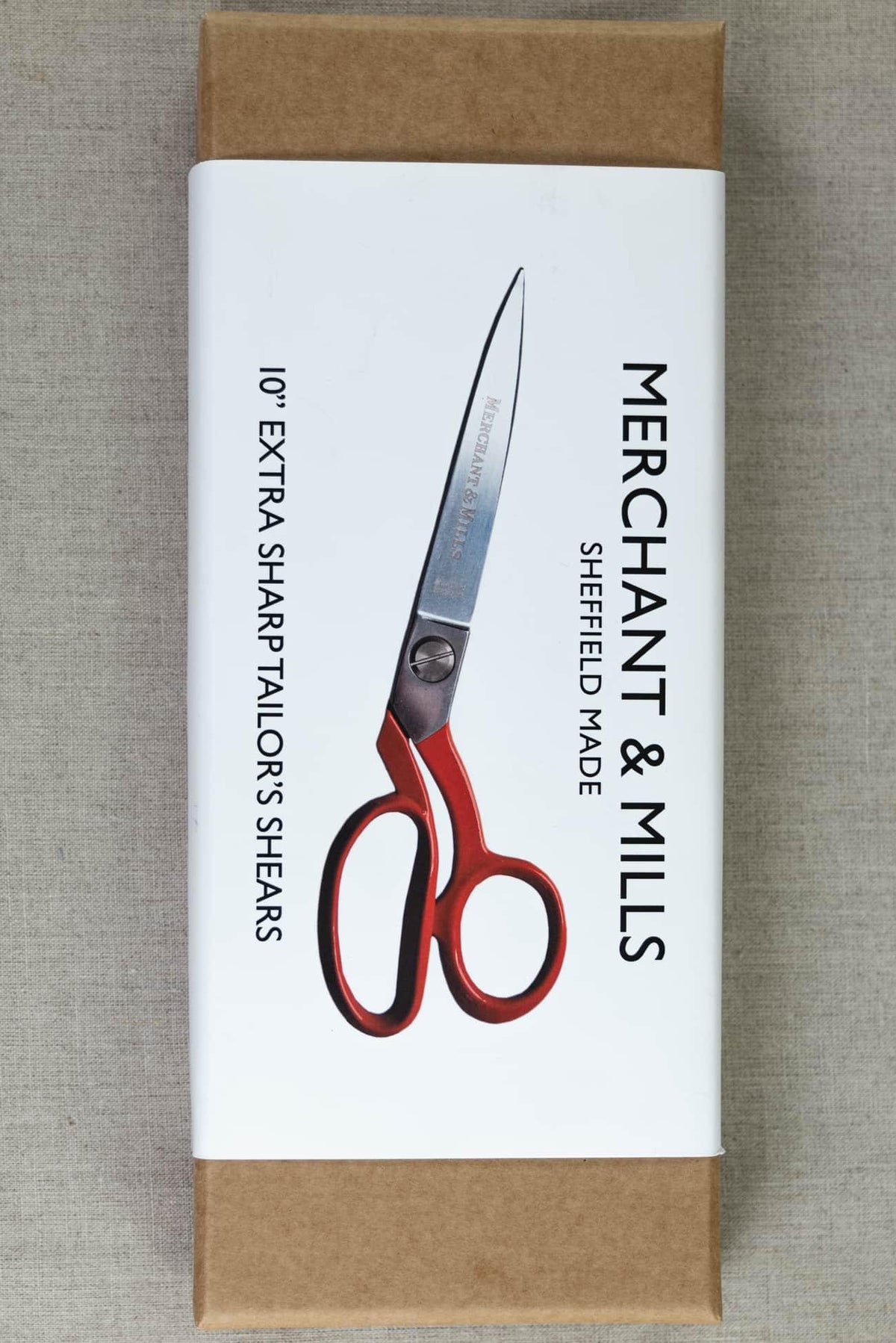 Merchant & Mills 10-inch extra sharp tailor's shears in packaging, Sheffield made, ideal for fabric cutting