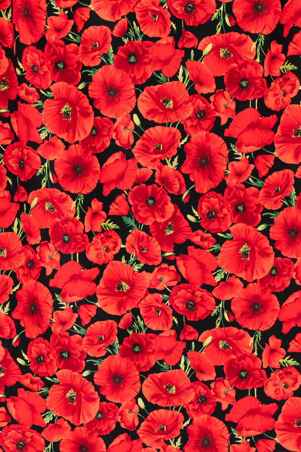 Vibrant red poppy floral fabric on black background, ideal for apparel and quilting projects
