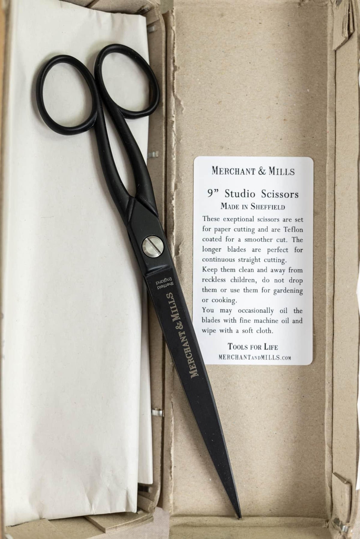 Merchant & Mills 9” Studio Scissors for fabric cutting, Teflon-coated blades, made in Sheffield