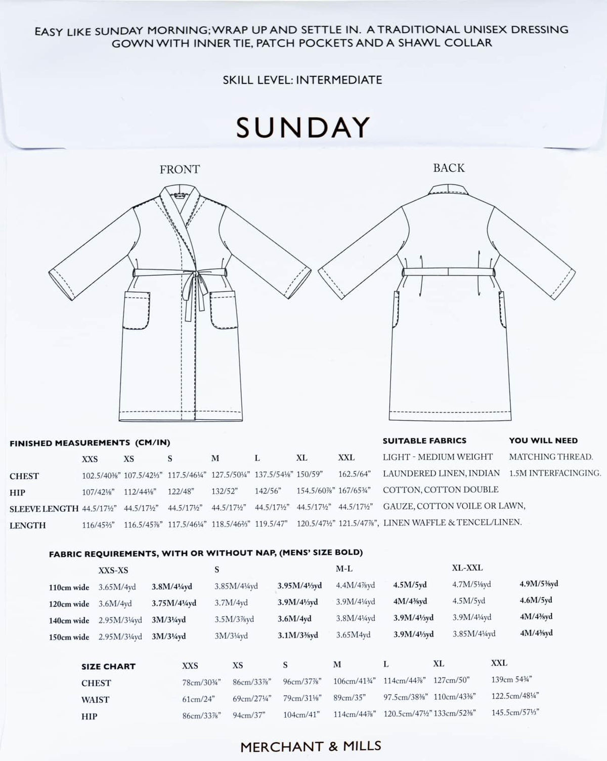 Sunday unisex dressing gown sewing pattern with shawl collar, patch pockets, and tie waist — intermediate skill level