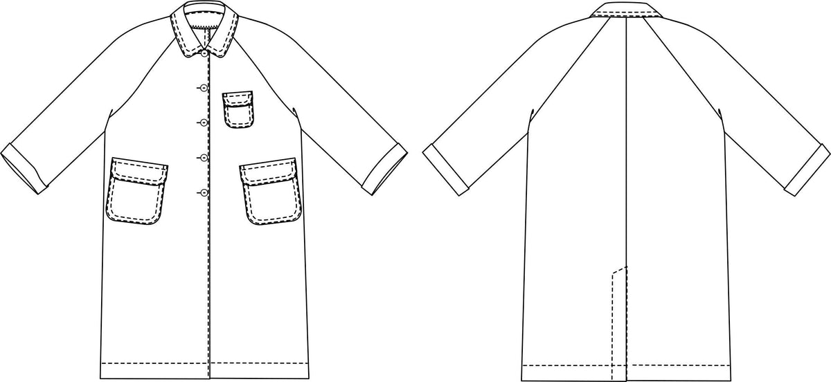 Front and back sewing pattern for a button-up shirt with chest pockets, ideal for cotton or linen fabric projects.